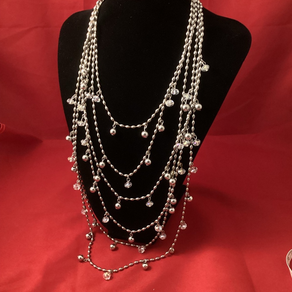 CG metallic silver tone multiple rows necklace